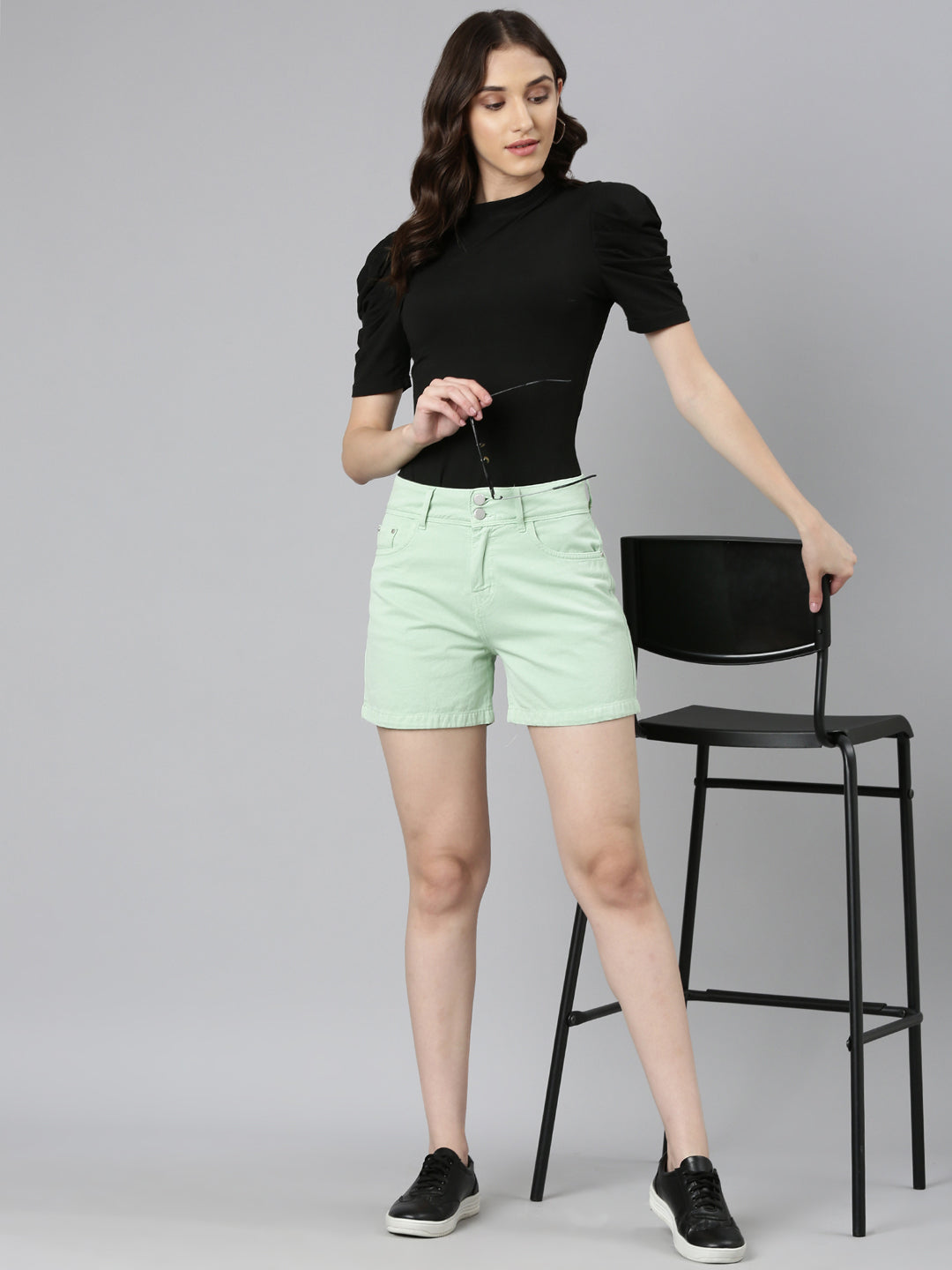 Women Green Solid Denim Shorts