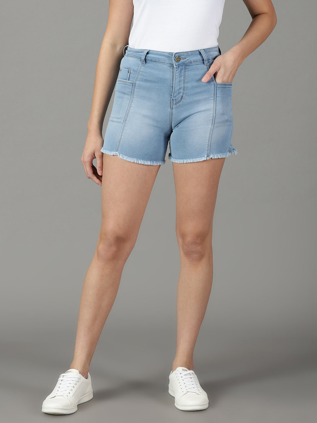 Women's Blue Solid Denim Shorts