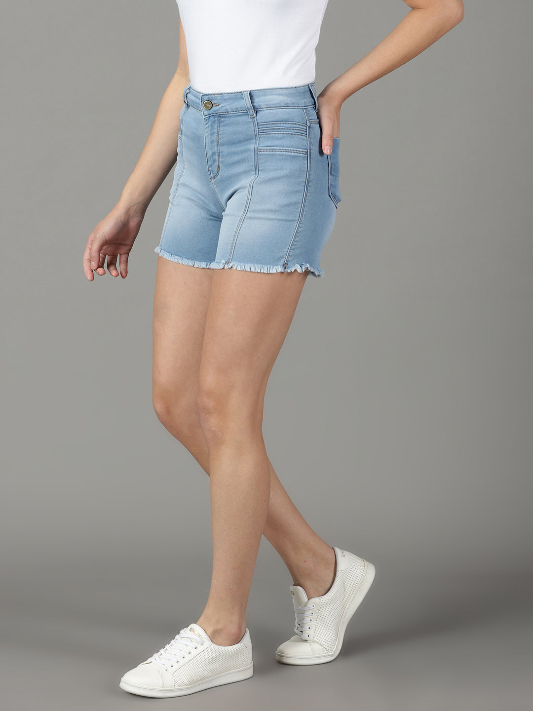 Women's Blue Solid Denim Shorts