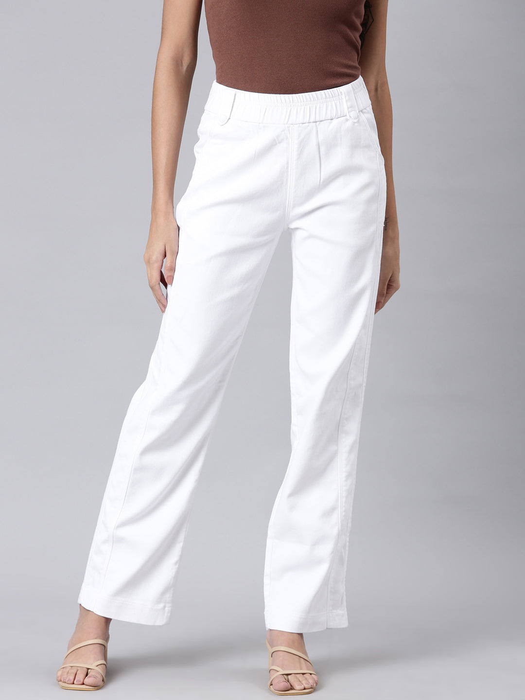 Women White Solid Wide Leg Denim Jeans