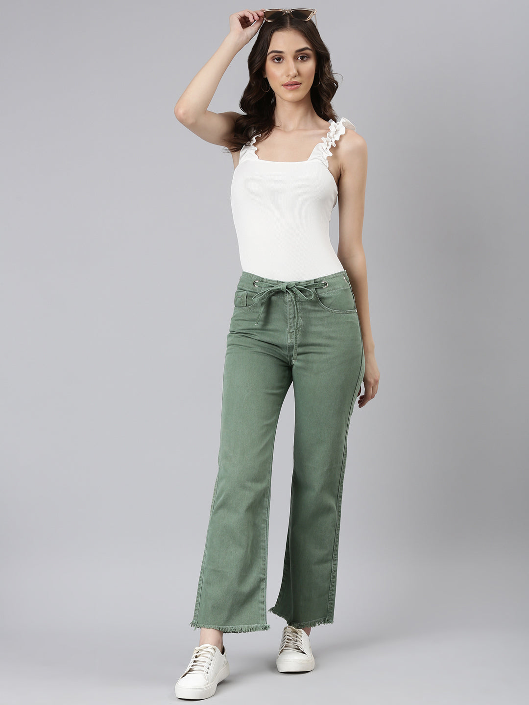 Women Green Solid Straight Fit Denim Jeans