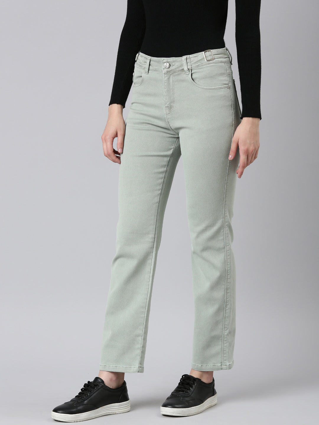 Women Sea Green Solid Straight Fit Denim Jeans