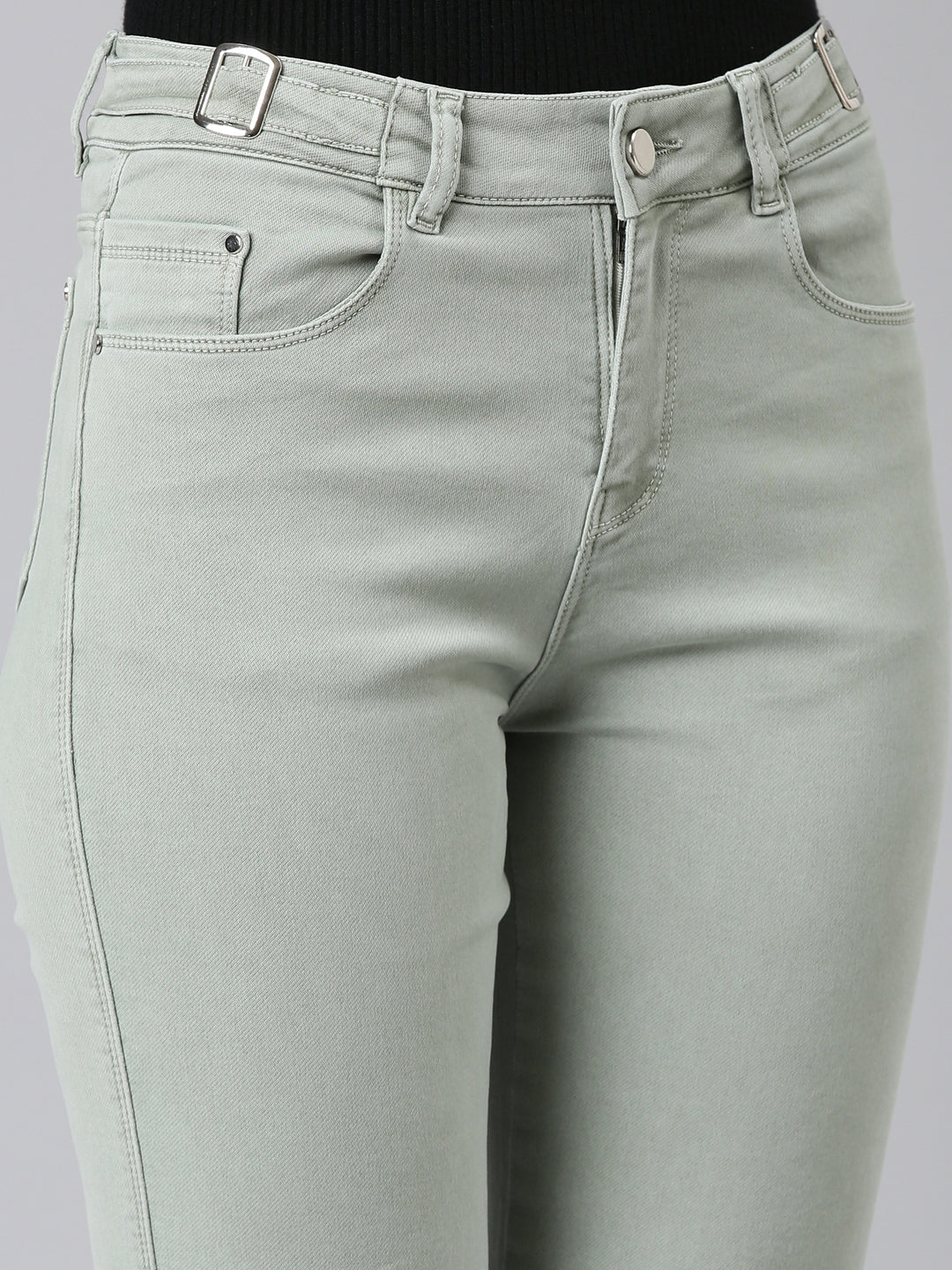 Women Sea Green Solid Straight Fit Denim Jeans