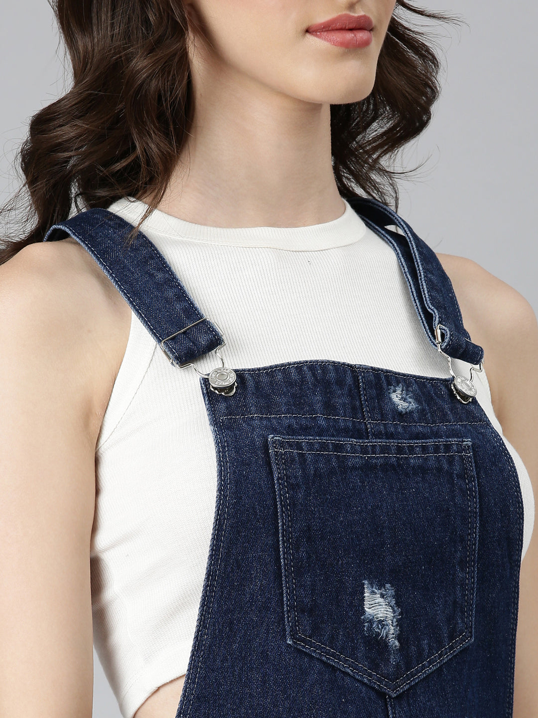 Women Navy Blue Solid Dungaree