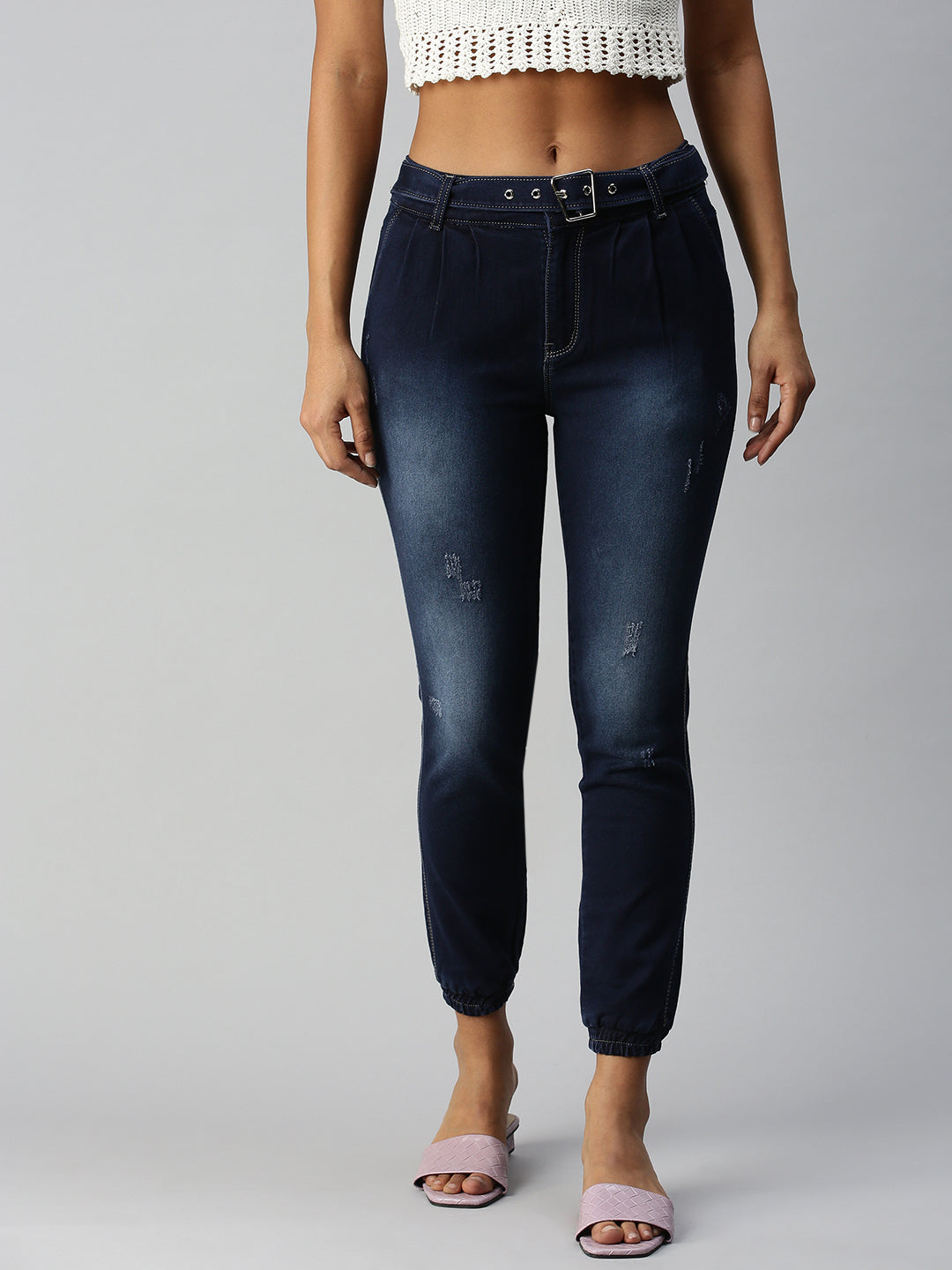 Women's Navy Blue Solid Denim Jeans