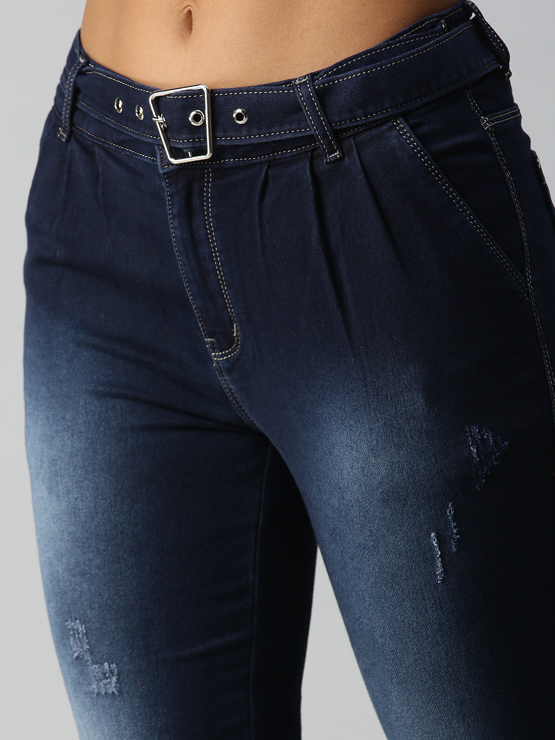 Women's Navy Blue Solid Denim Jeans