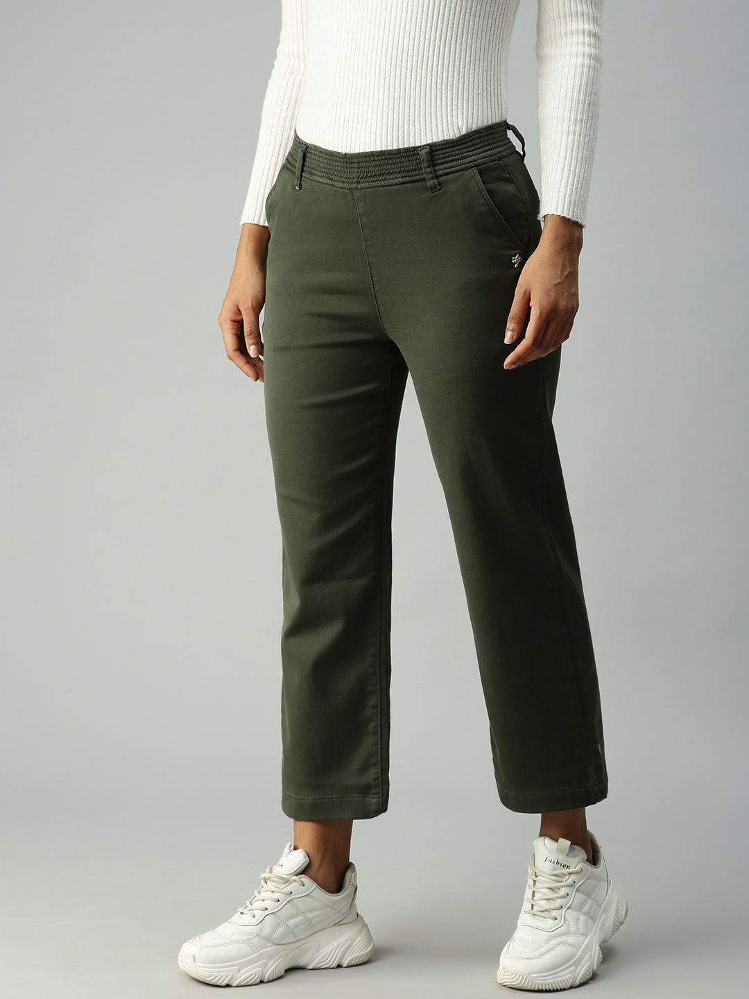 Women's Green Solid Denim Straight Jeans