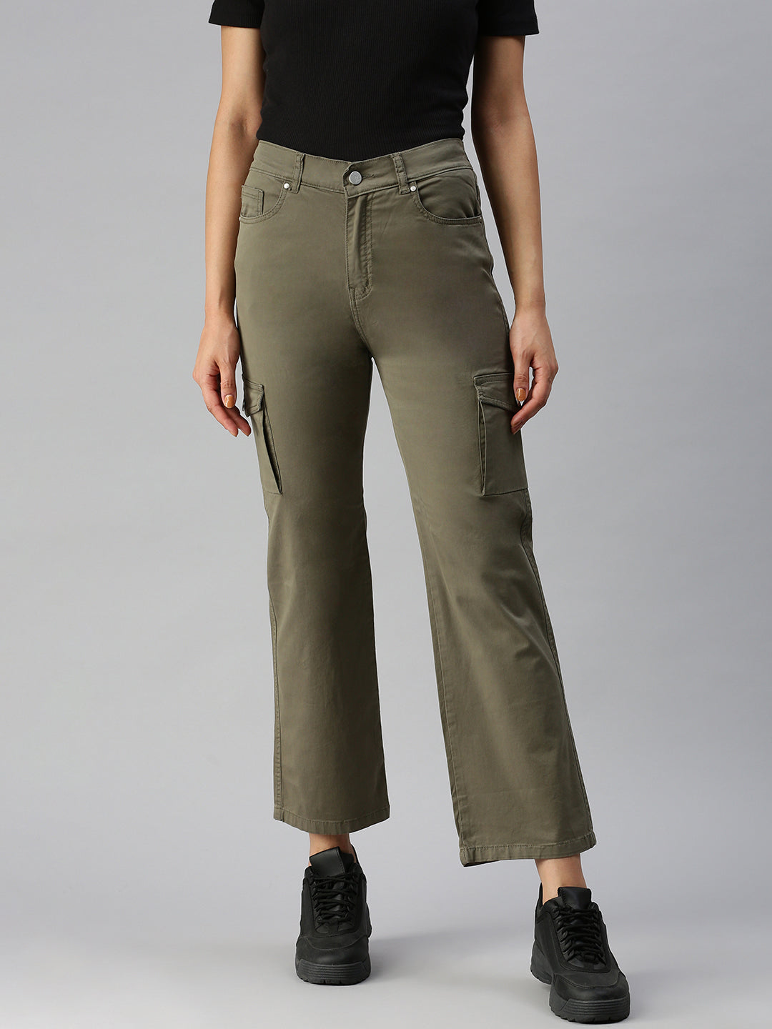 Women's Olive Solid Denim Straight Jeans