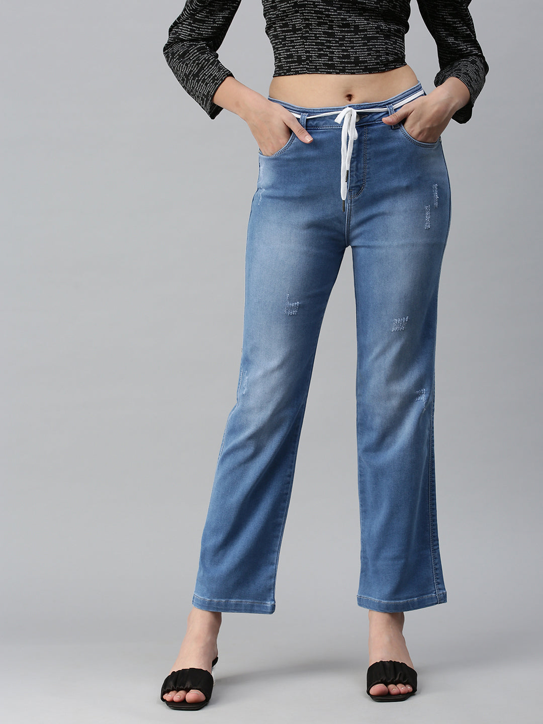 Women's Blue Solid Denim Straight Jeans