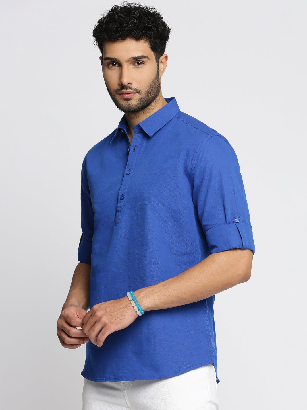 Men Blue Solid Shirt Collar Casual Short Kurta