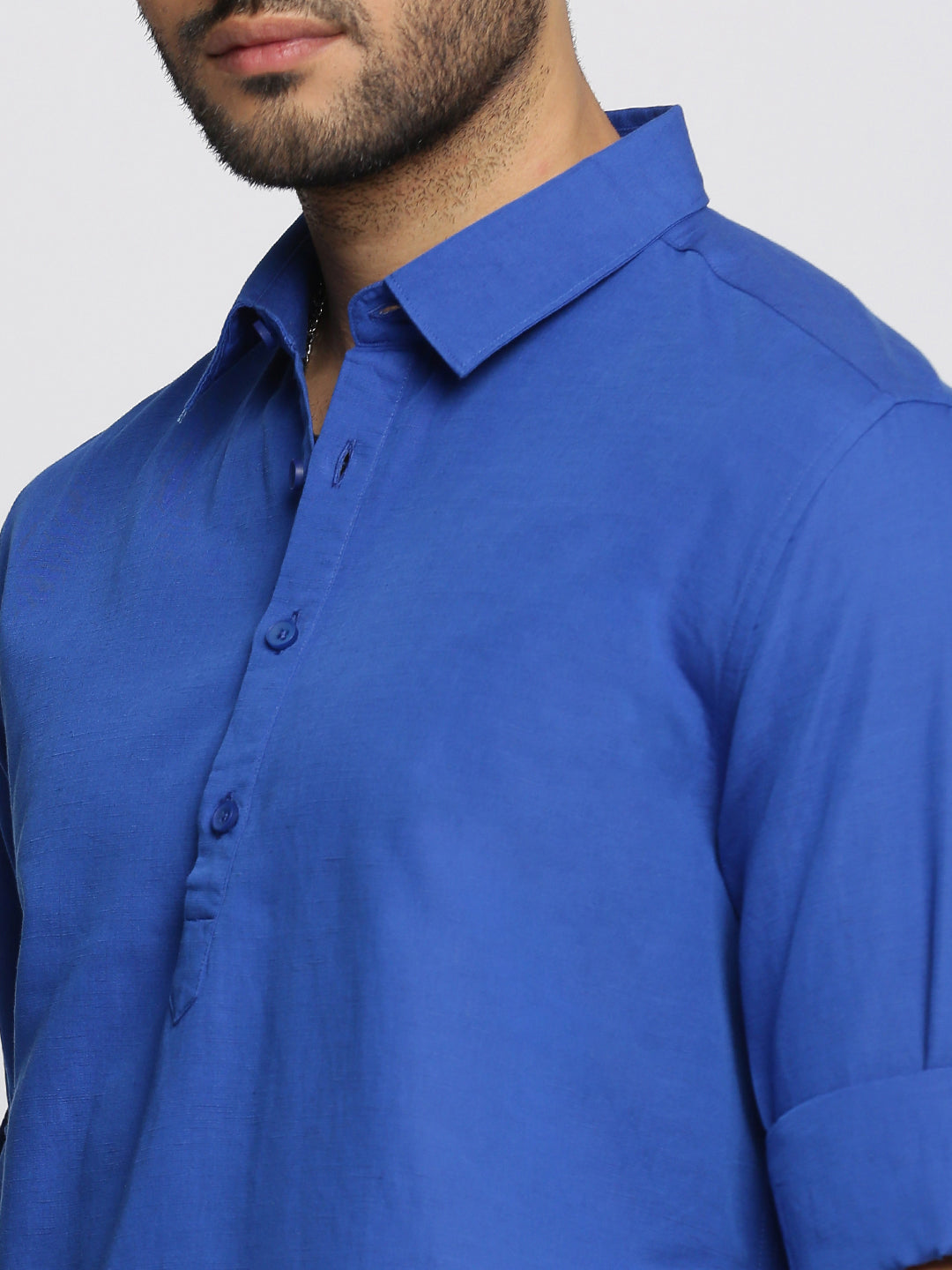 Men Blue Solid Shirt Collar Casual Short Kurta