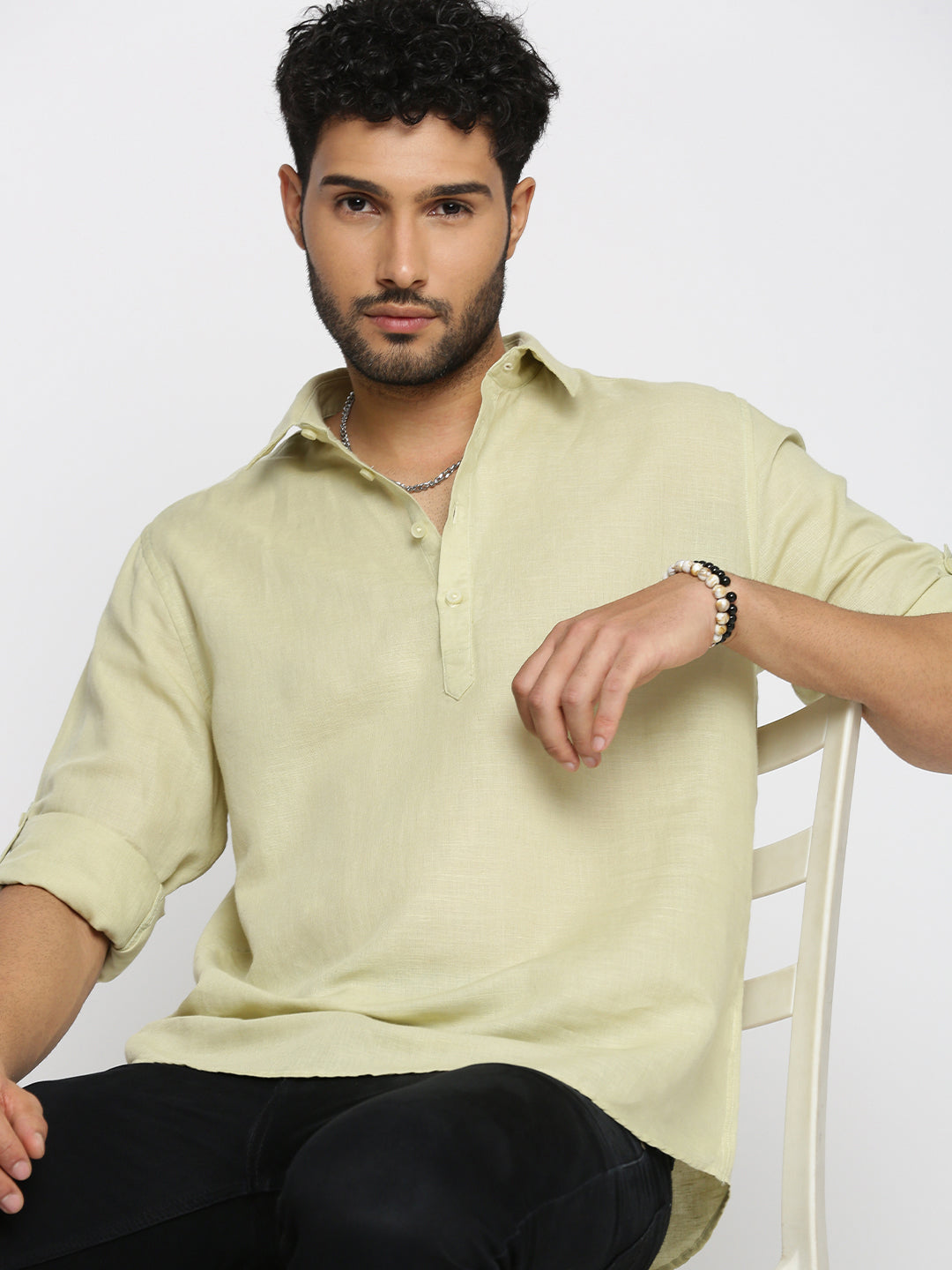 Men Green Solid Shirt Collar Casual Short Kurta