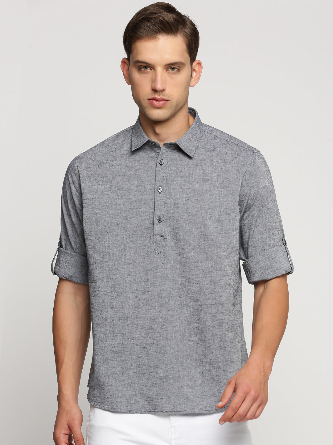 Men Grey Solid Shirt Collar Casual Short Kurta