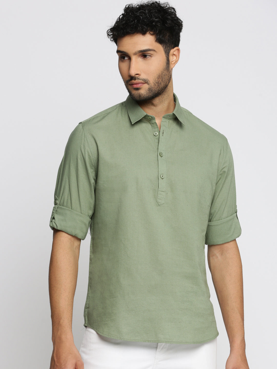 Men Sea Green Solid Shirt Collar Casual Short Kurta