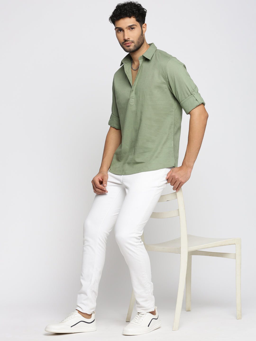 Men Sea Green Solid Shirt Collar Casual Short Kurta