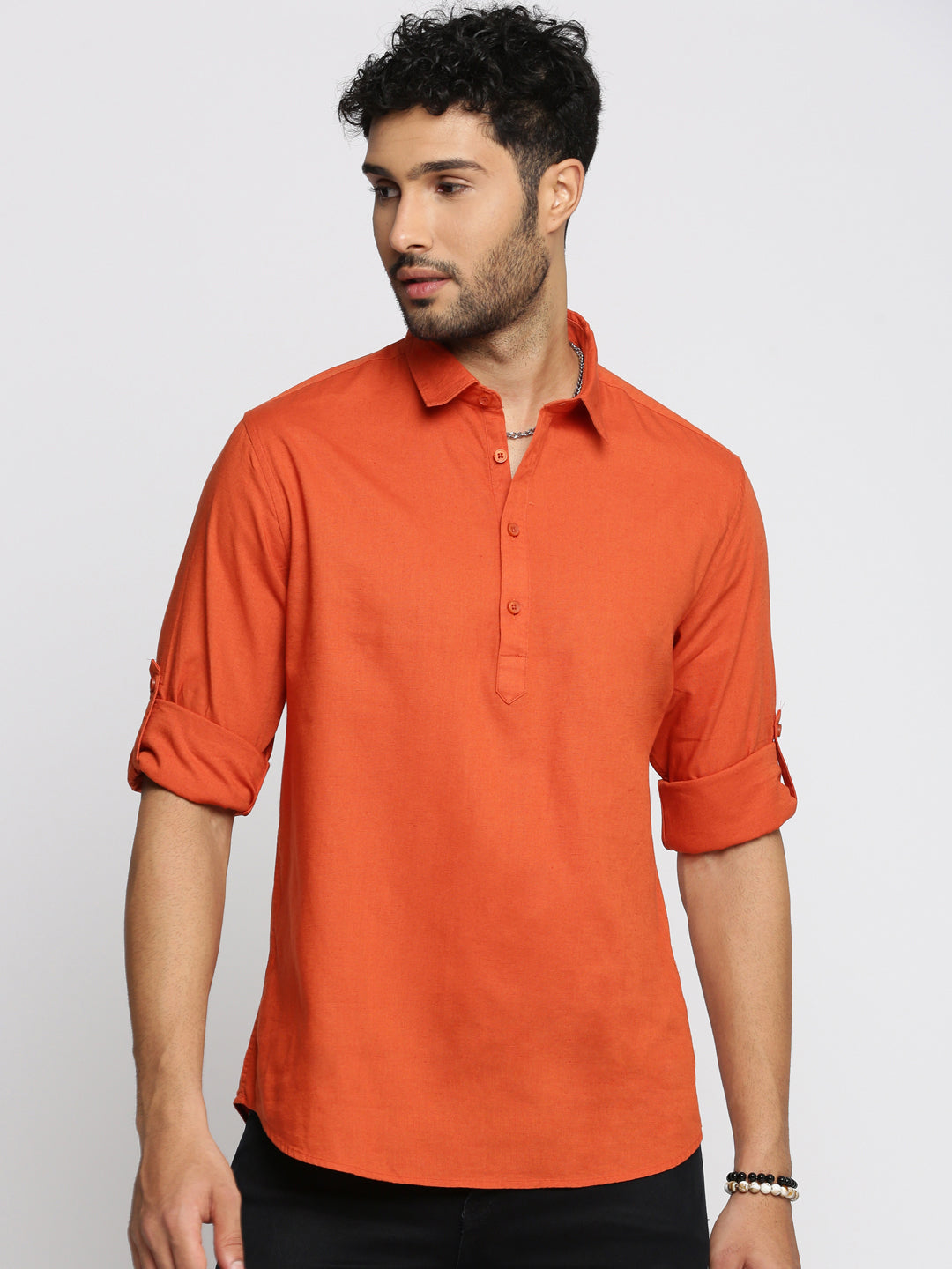 Men Orange Solid Shirt Collar Casual Short Kurta