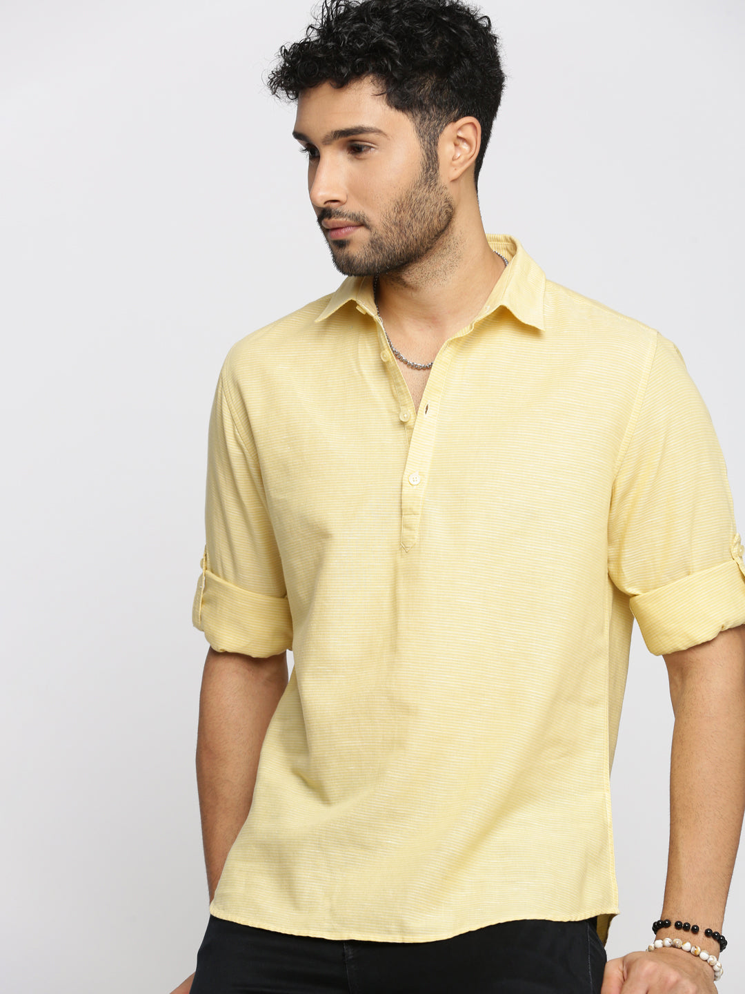 Men Yellow Woven Design Shirt Collar Casual Short Kurta