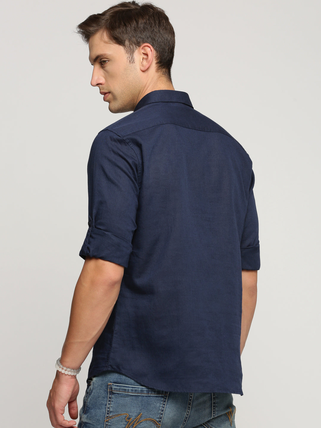 Men Navy Blue Solid Shirt Collar Casual Short Kurta