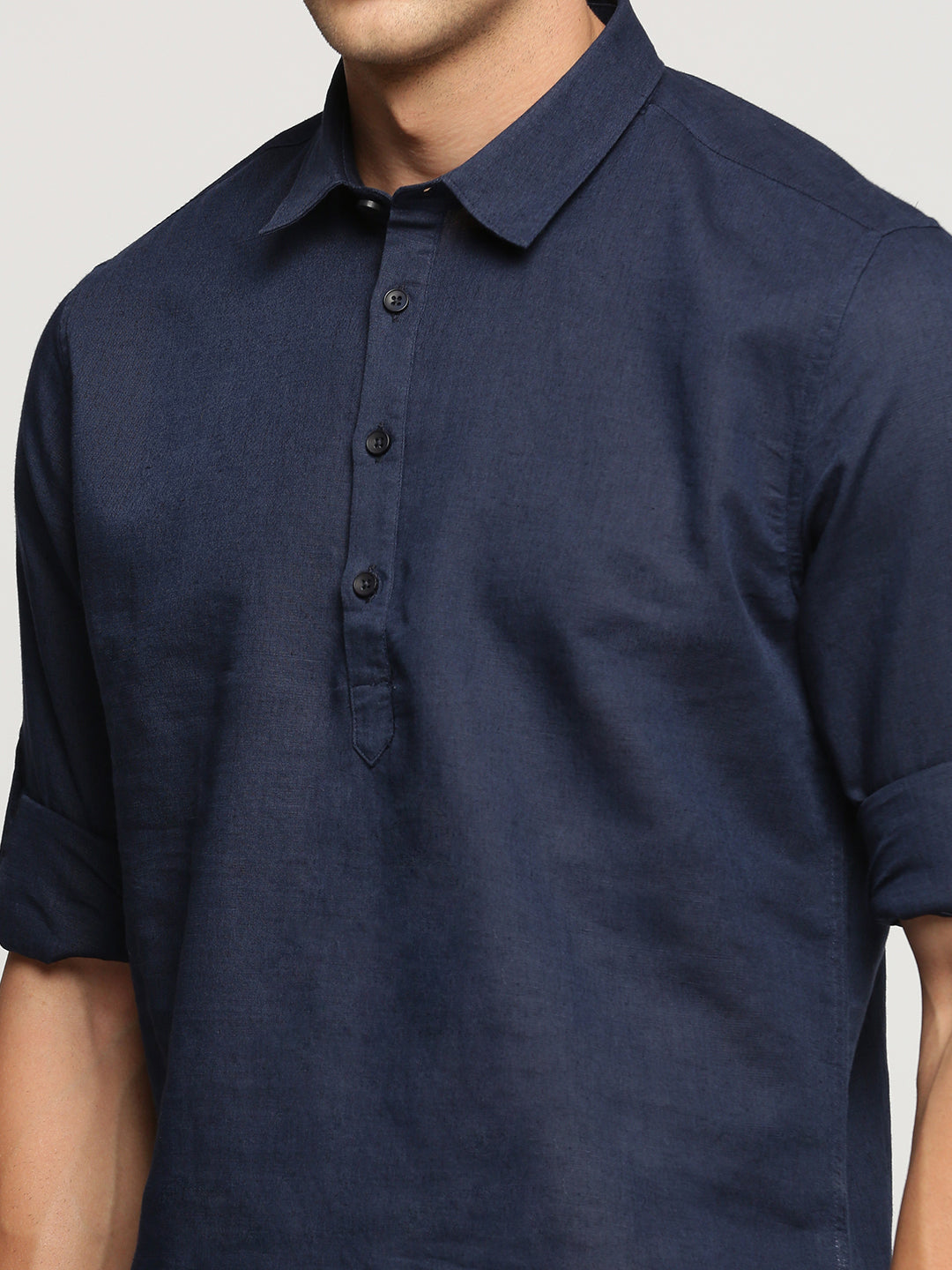 Men Navy Blue Solid Shirt Collar Casual Short Kurta