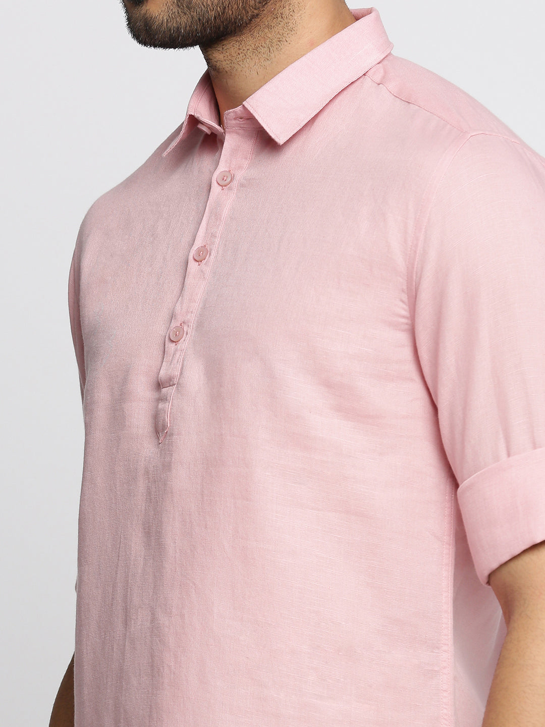 Men Pink Solid Shirt Collar Casual Short Kurta