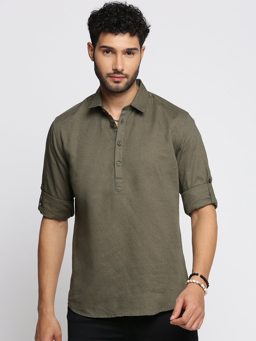 Men Olive Solid Shirt Collar Casual Short Kurta