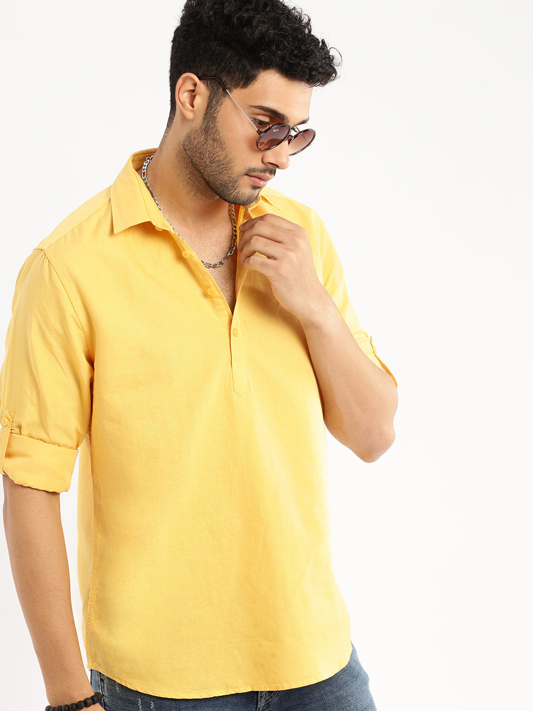 Men Yellow Solid Shirt Collar Casual Short Kurta