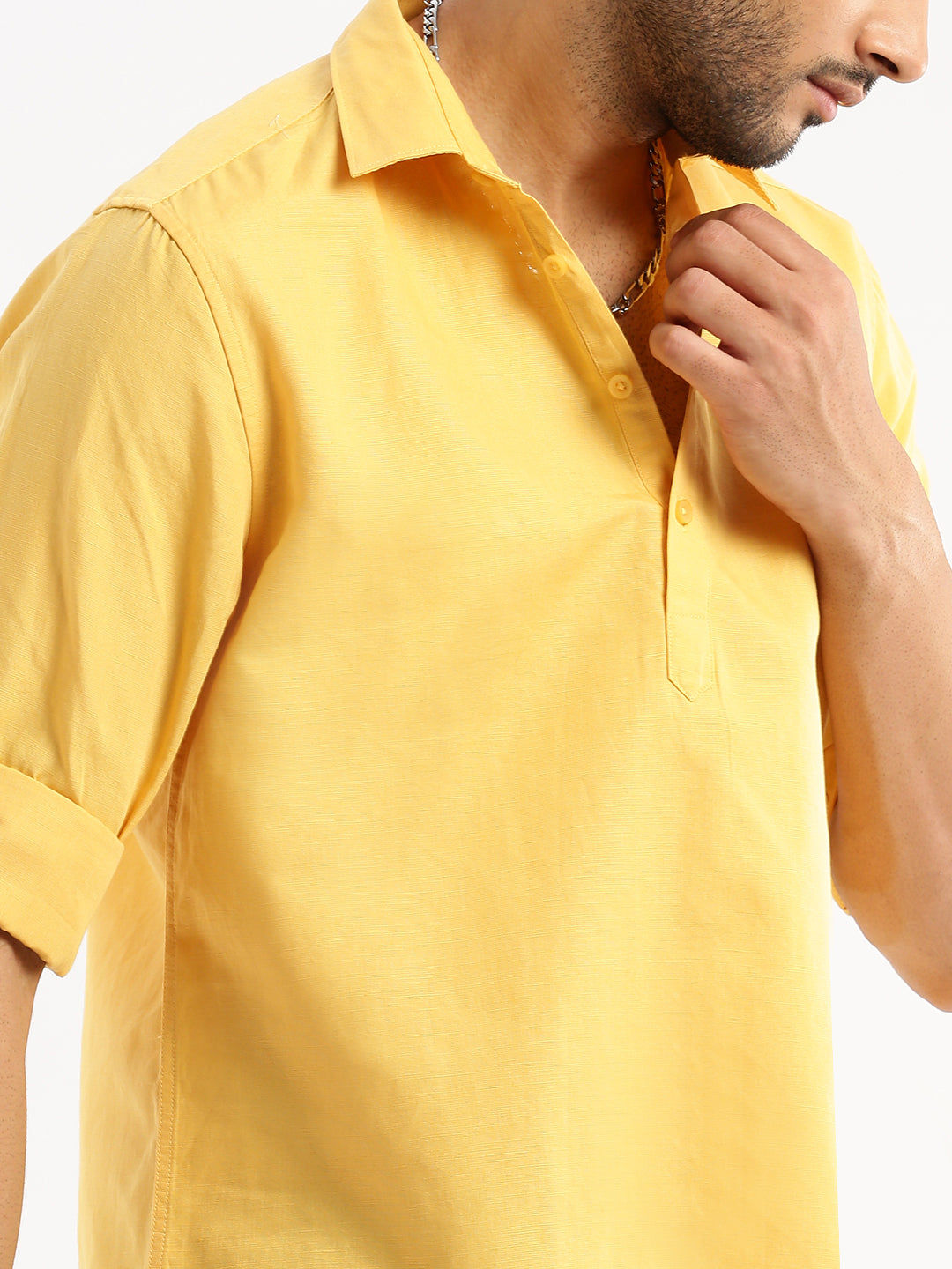 Men Yellow Solid Shirt Collar Casual Short Kurta
