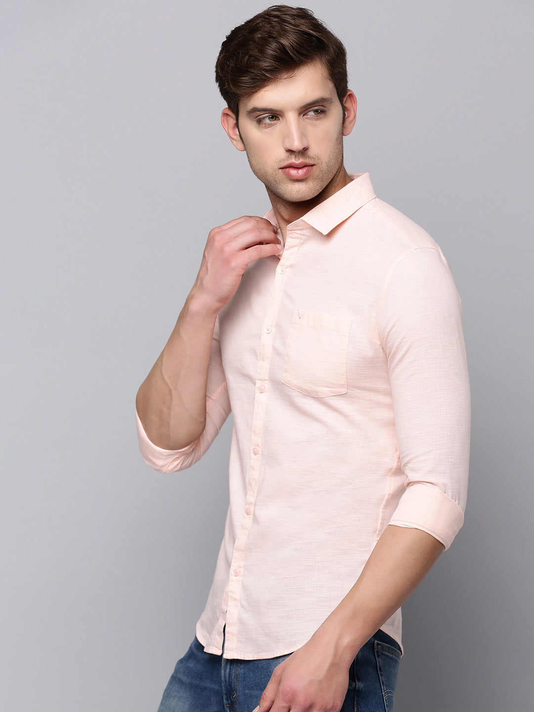 Men Peach Solid Casual Shirt