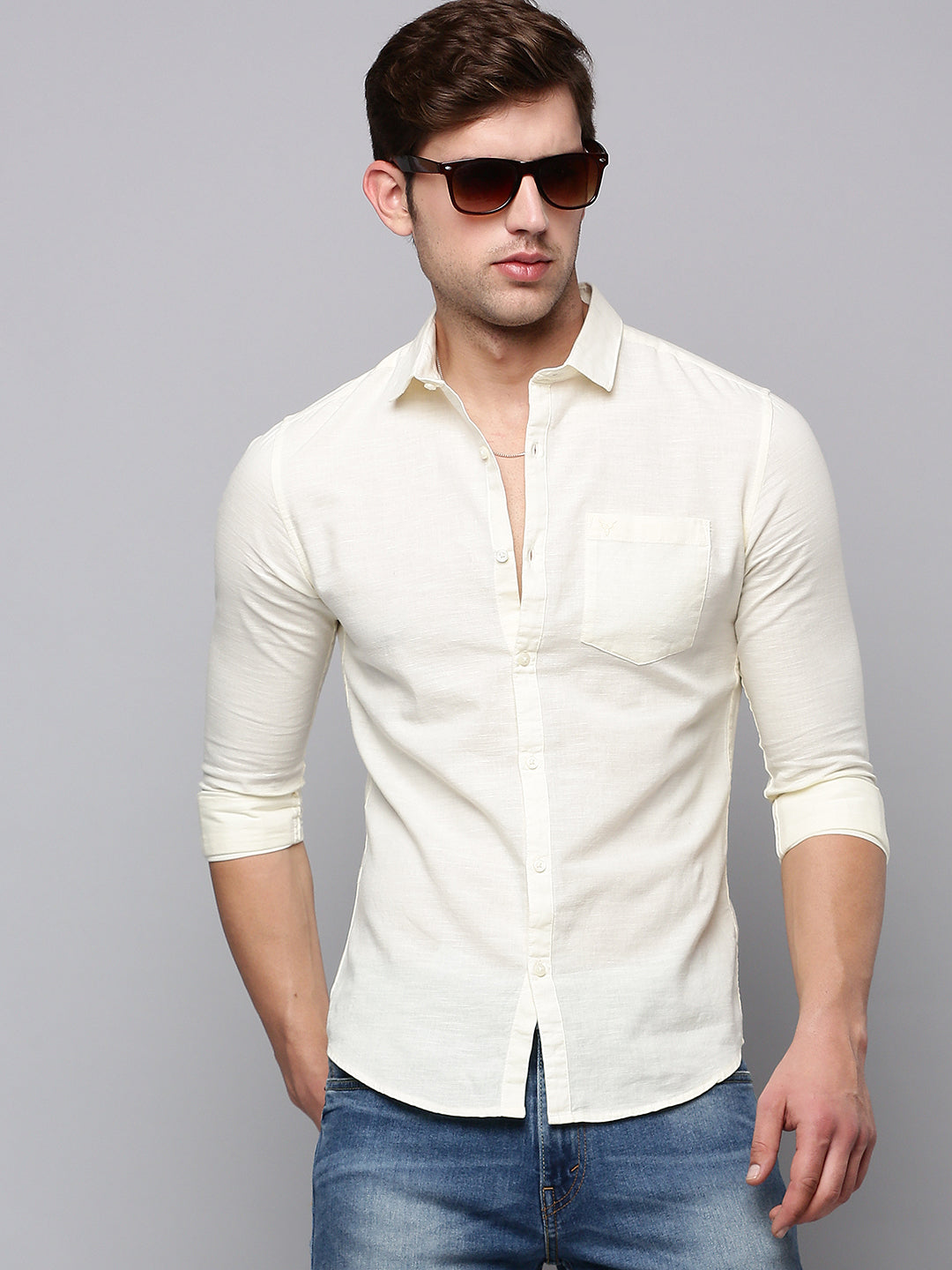 Men Cream Solid Casual Shirt