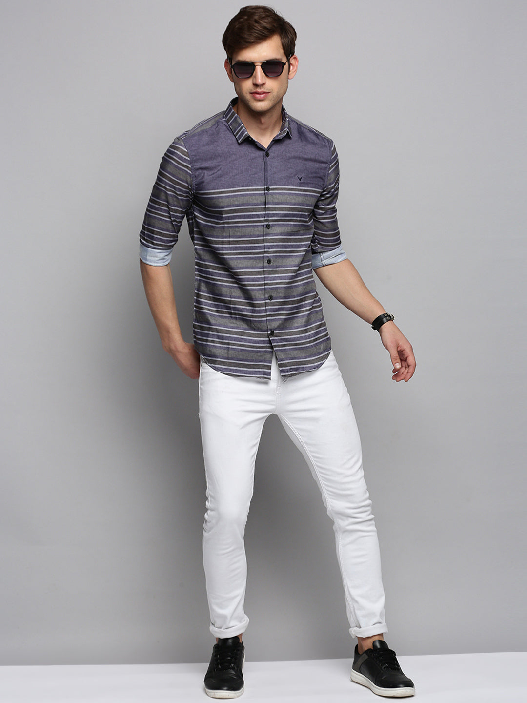 Men Grey Striped Casual Shirt