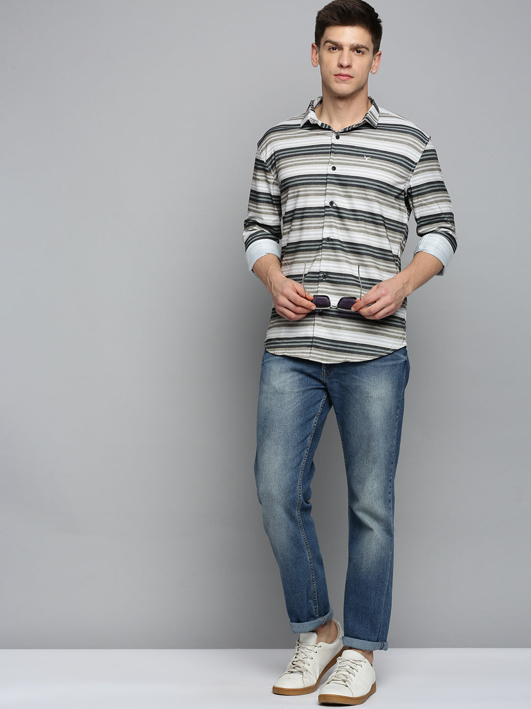 Men Green Striped Casual Shirt