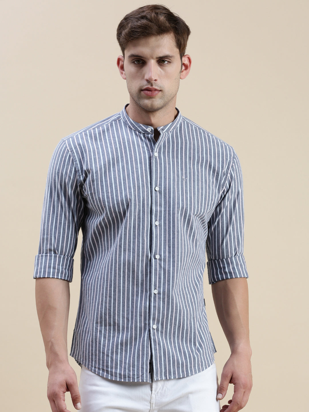 Men Grey Striped Casual Shirt