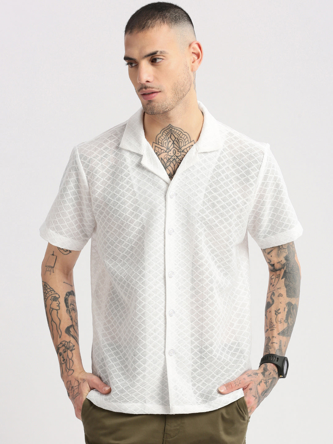 Men Cuban Collar Textured White Crochet Shirt