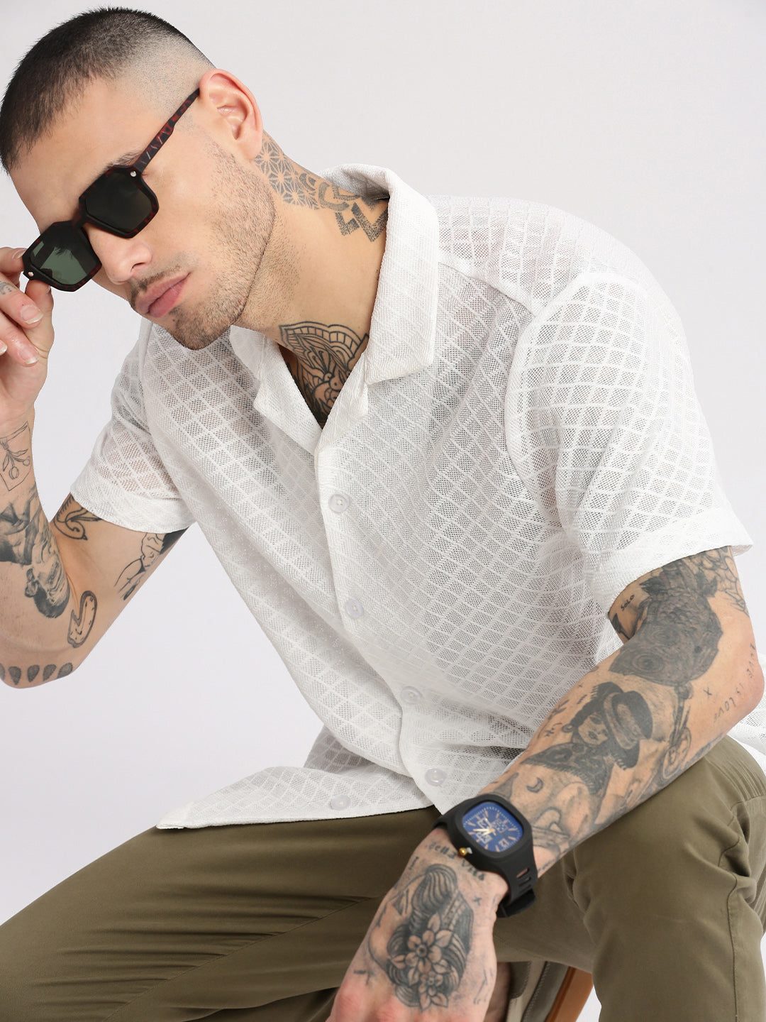 Men Cuban Collar Textured White Crochet Shirt
