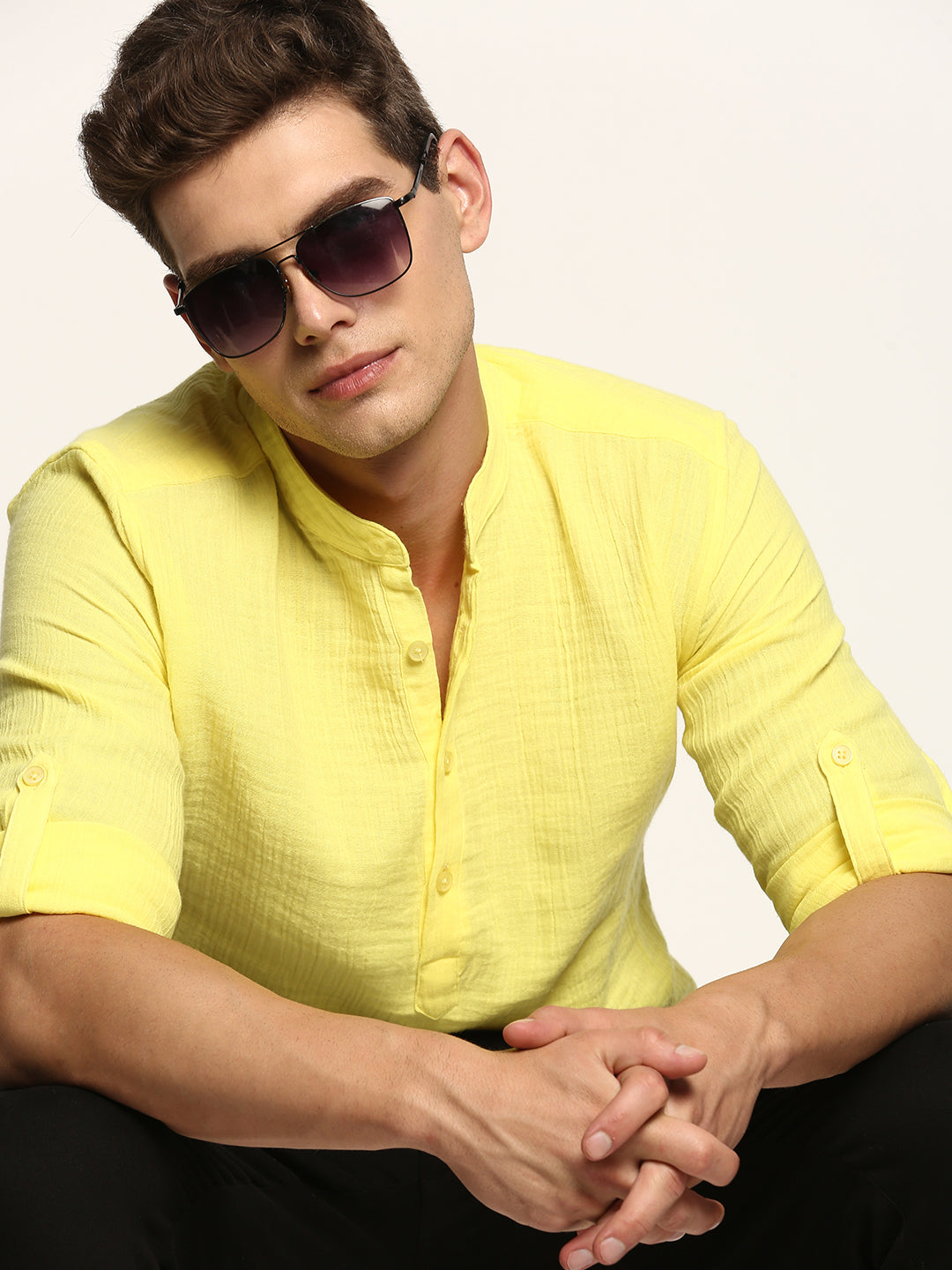 Men's Yellow Mandarin Collar Solid Kurta
