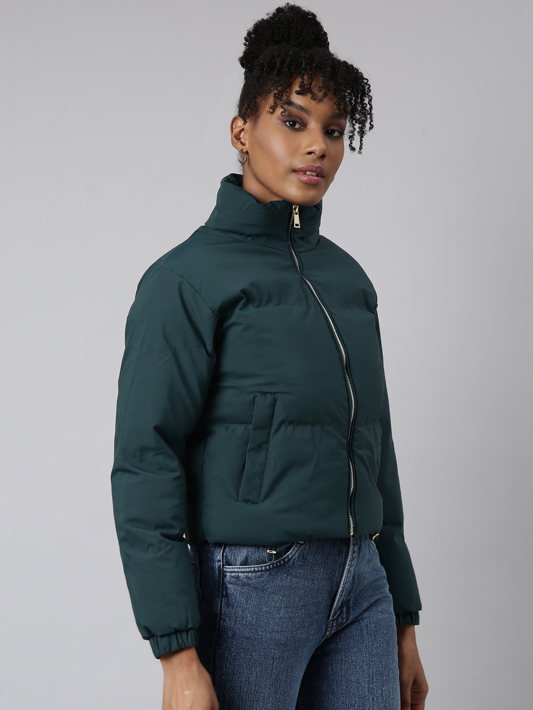 Women Solid Green Puffer Jacket