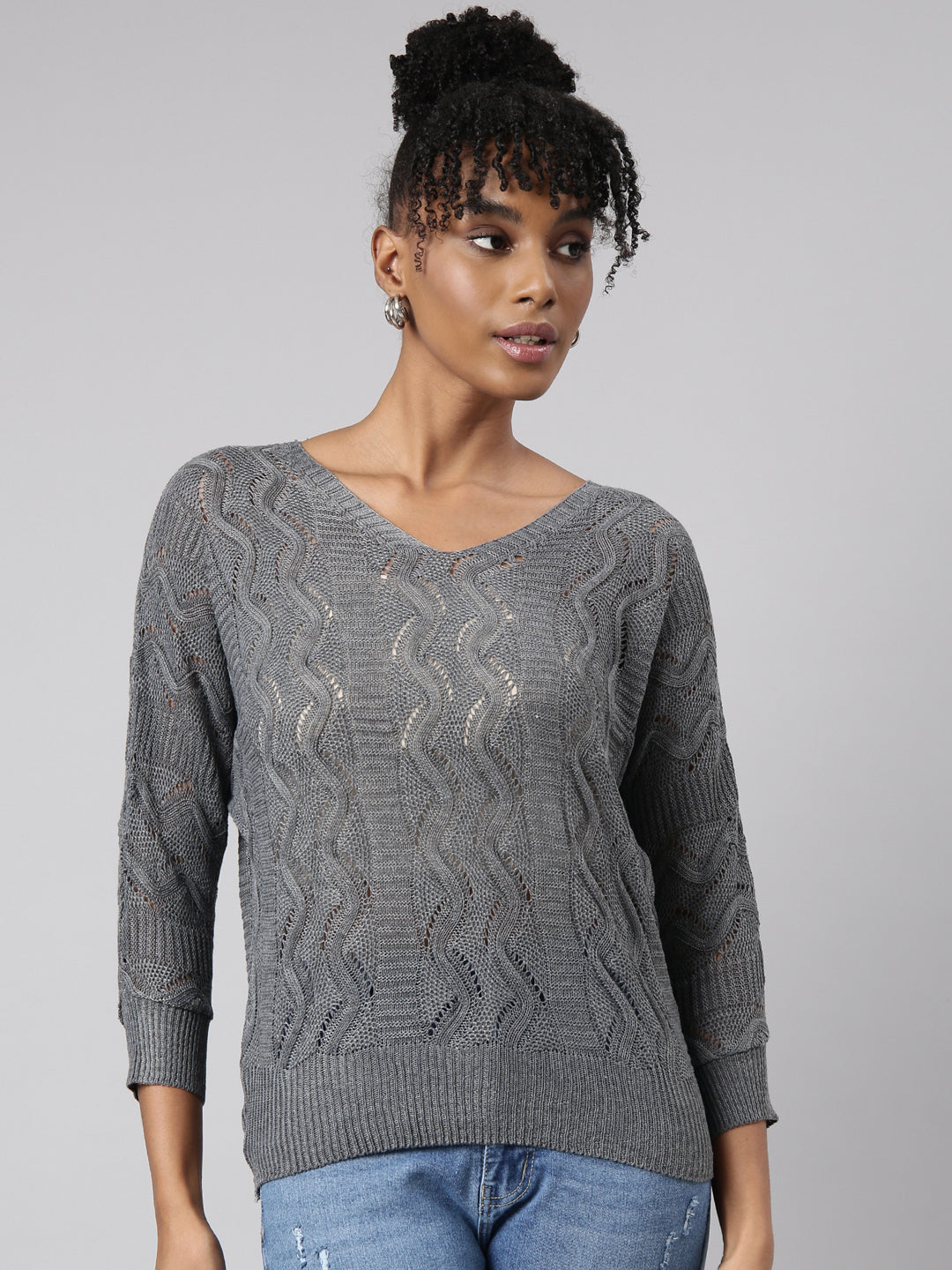 Women Grey Self Design Crochet Top