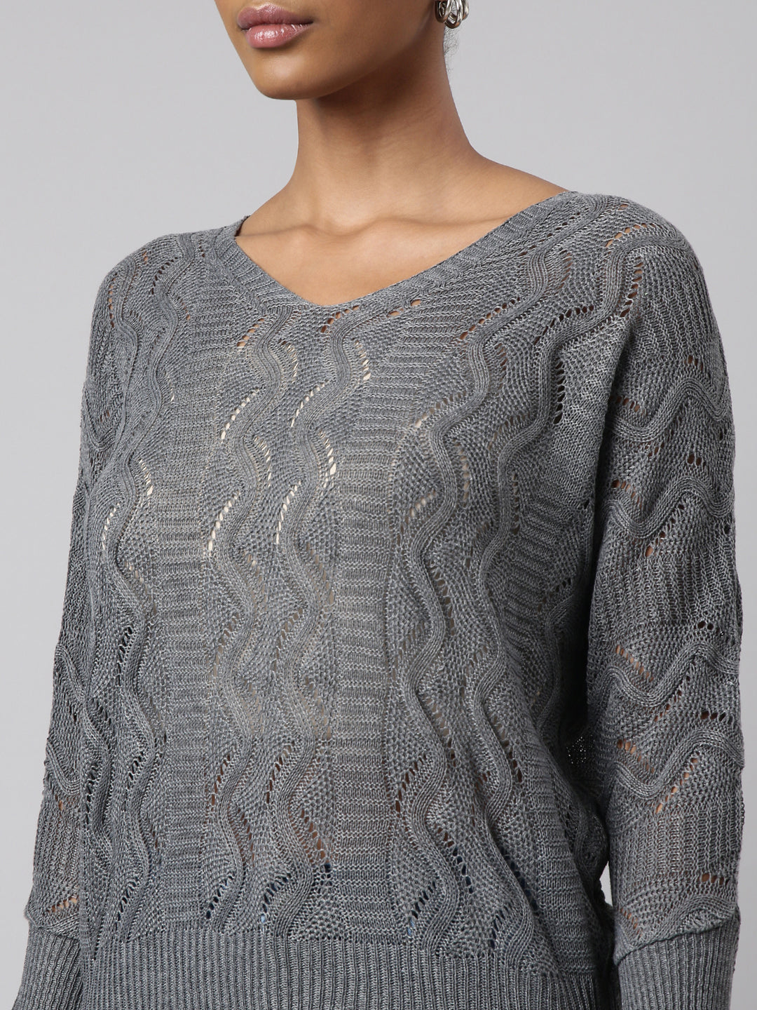 Women Grey Self Design Crochet Top