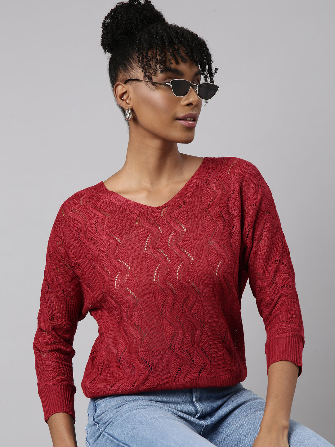 Women Maroon Self Design Crochet Top