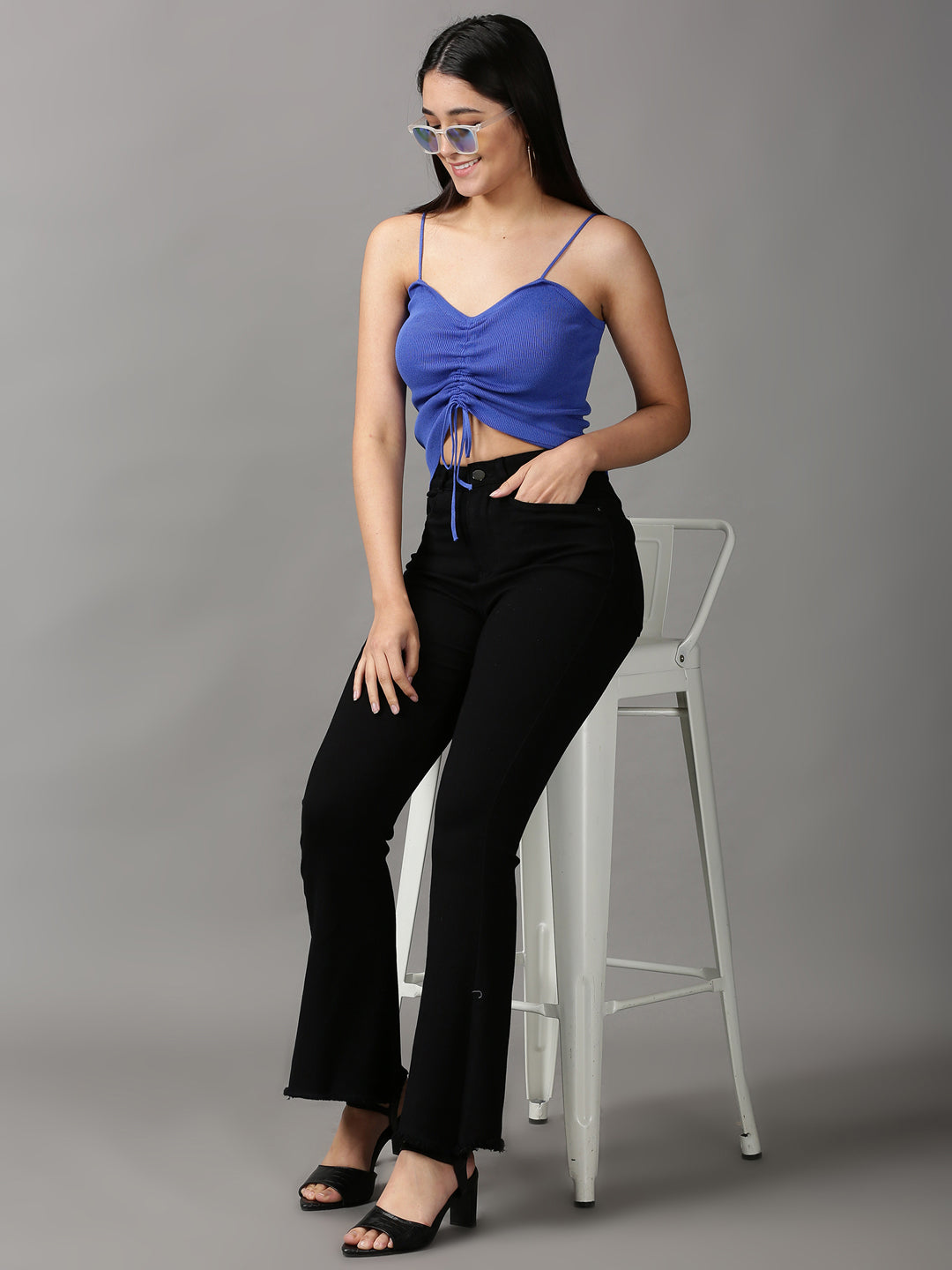 Women's Blue Solid Fitted Crop Top