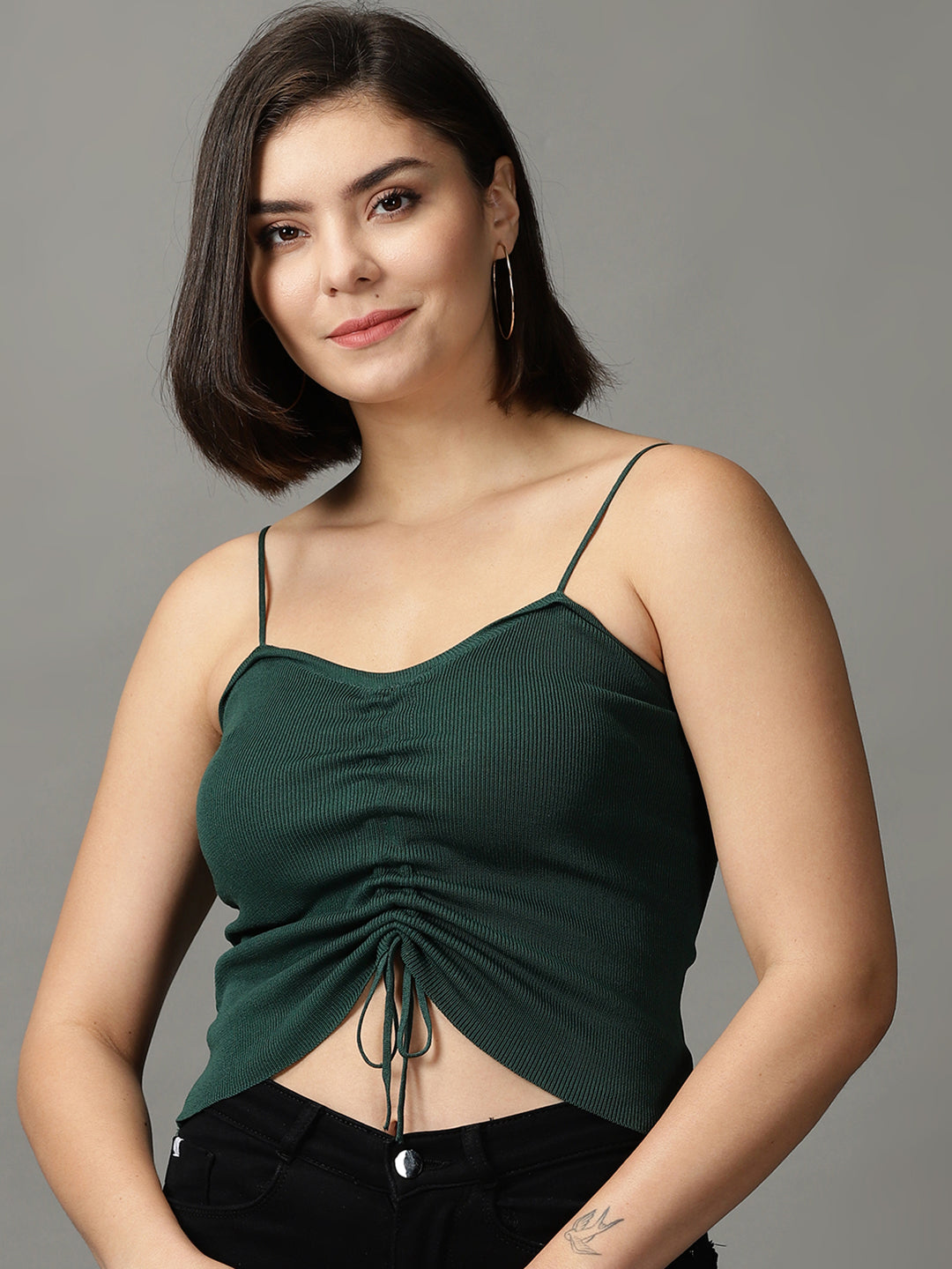 Women's Green Solid Fitted Crop Top