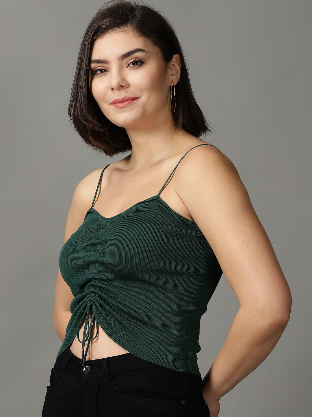 Women's Green Solid Fitted Crop Top