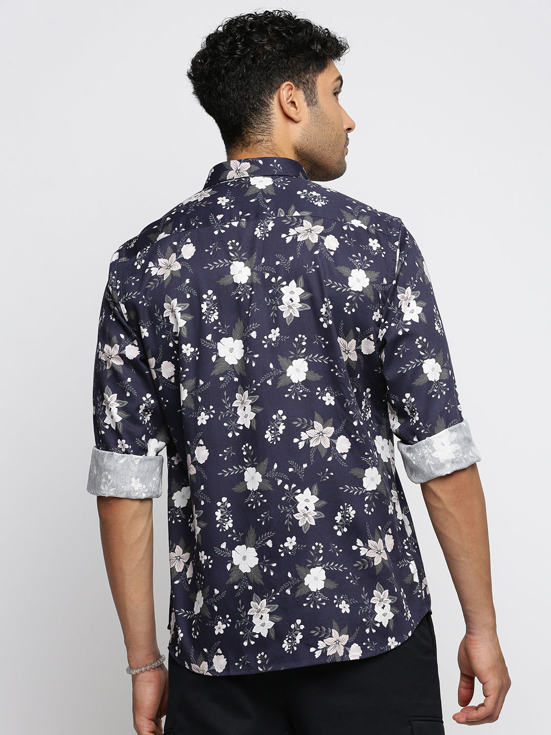Men Navy Blue Spread Collar Floral Shirt