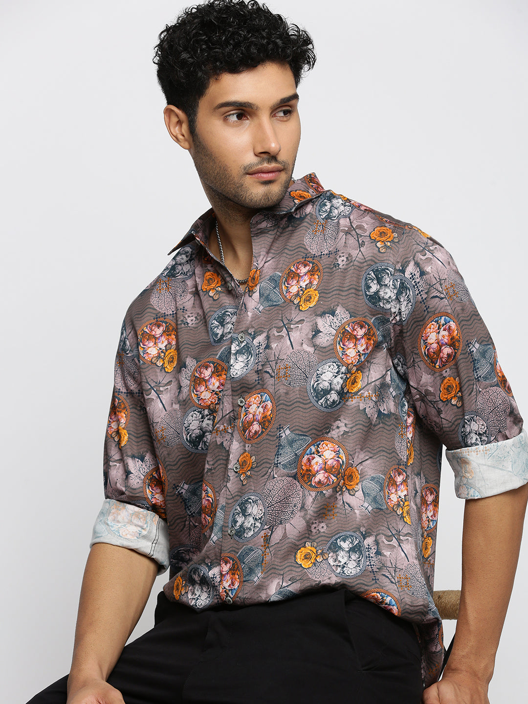 Men Grey Spread Collar Floral Shirt