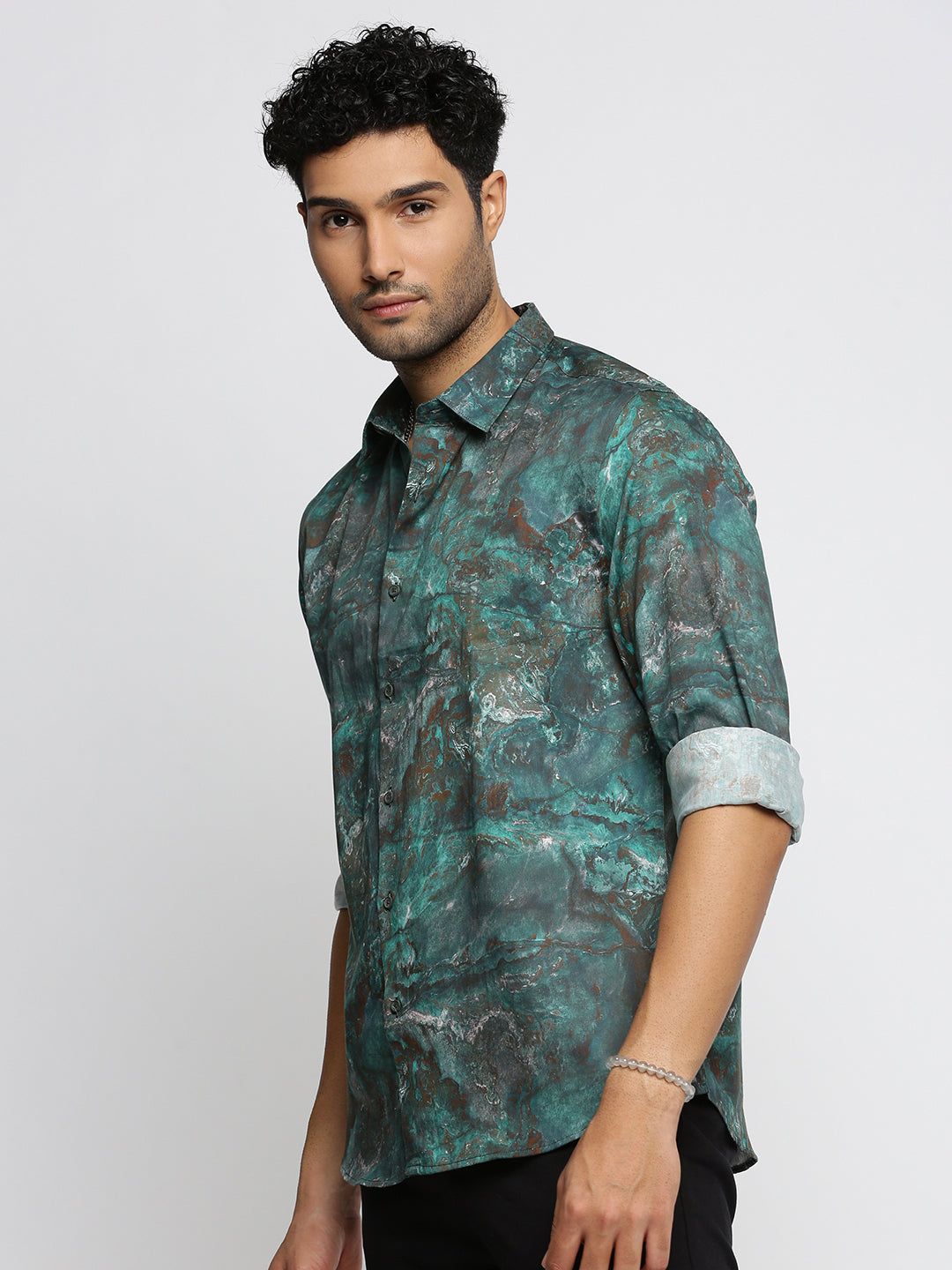 Men Green Spread Collar Abstract Shirt