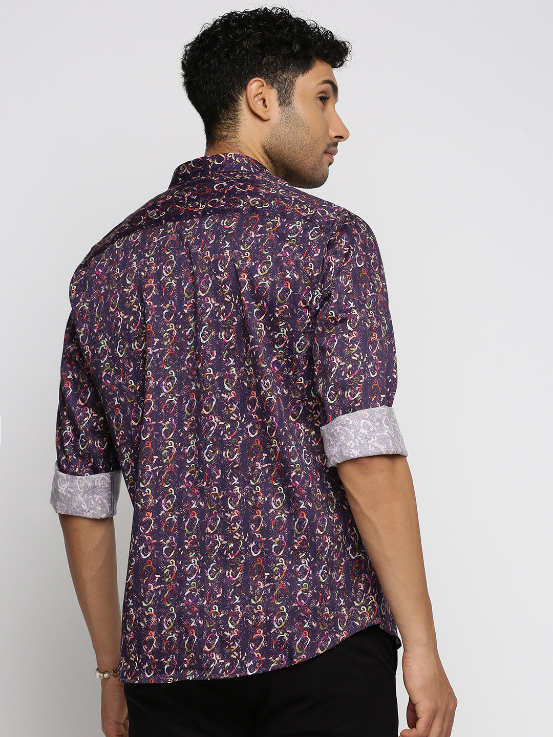 Men Purple Spread Collar Abstract Shirt