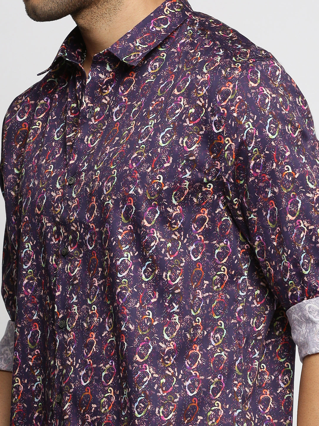 Men Purple Spread Collar Abstract Shirt