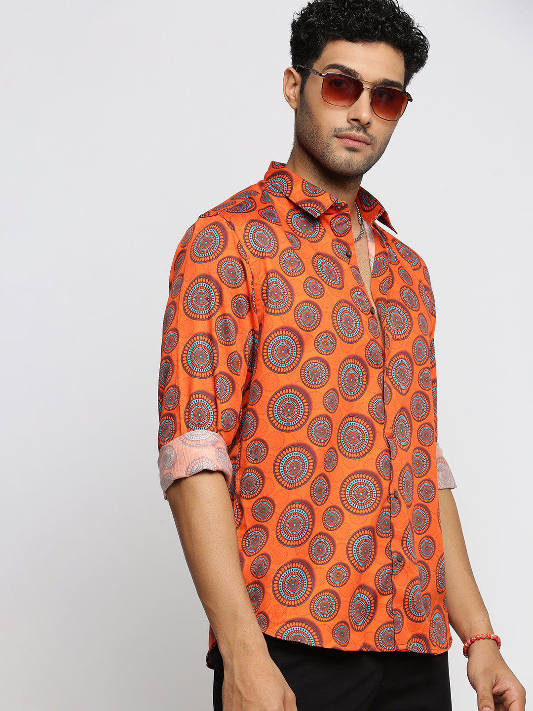 Men Orange Spread Collar Ethnic Motifs Shirt