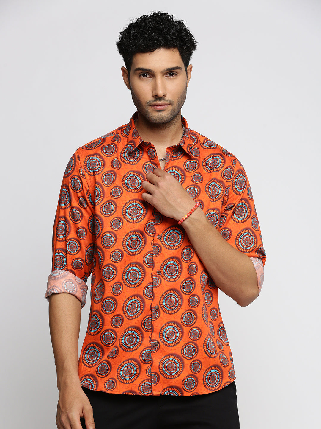 Men Orange Spread Collar Ethnic Motifs Shirt