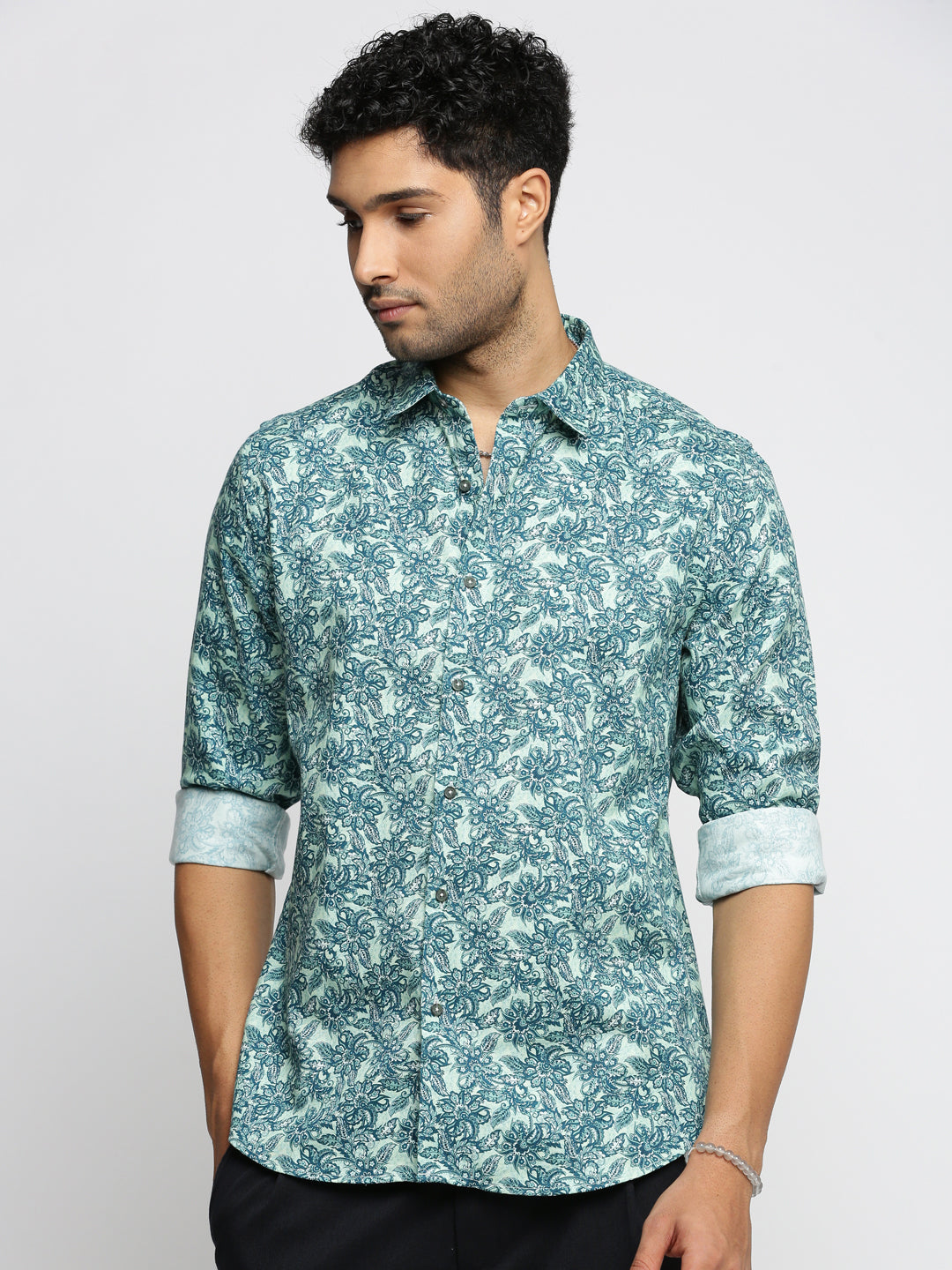 Men Sea Green Spread Collar Floral Shirt